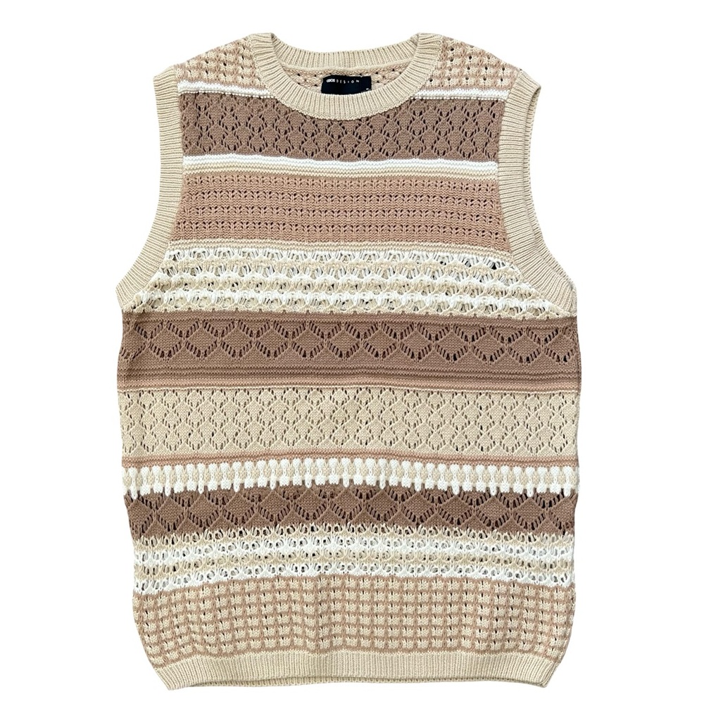 ASOS Crochet Knit Stripe Oversized Sweater Tank in Beige and Cream Small